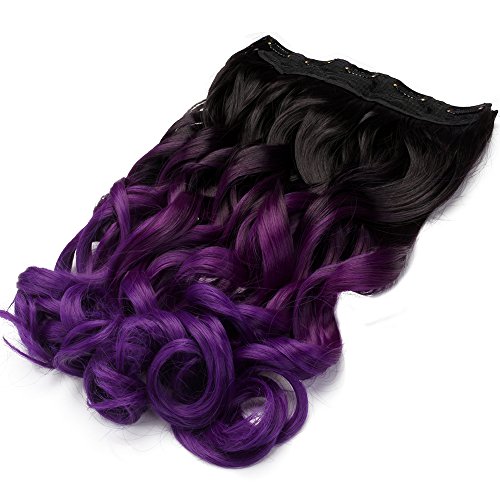 22" Half Full Head Clip in Two Tone Ombre Synthetic Curly Hairpiece Hair Extensions Natural Black to Violet Purple