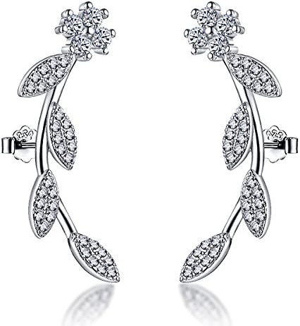 Viyino Ladies 925 Sterling Silver Leaves Flower Studs Earrings Cubic Zirconia for Women (White)