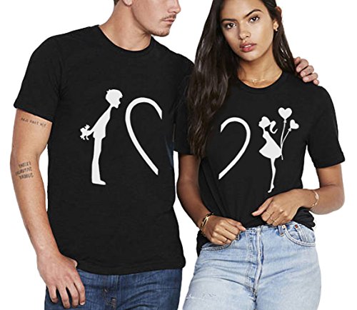 Camiseta King Queen Pareja Shirt Impresión Corazón Combinado 100% Algodón para Mujer Hombre Couple T-Shirt Manga Corta de Verano Regalo Blanco Negro(Negro+Negro,XL+M)