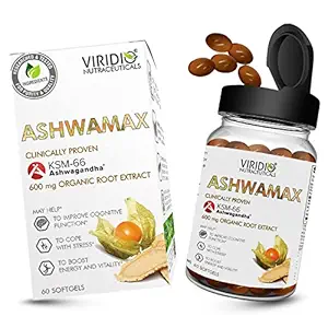 Viridio Ashwamax- KSM-66 Ashwagandha root plus Black pepper Extract, General Health, Anxiety & Stress Relief, Energy & Endurance for Men & Women, 60 Softgel Capsules