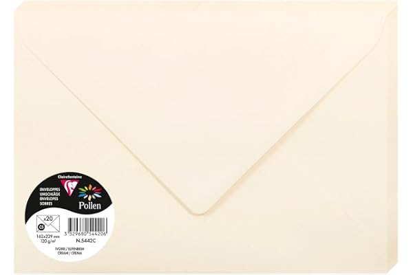 Clairefontaine Paquet de 20 Grandes Enveloppes 16,2x22,9cm Ivoire - 120g/m² - Format C5 - Fermeture gommée - Invitation Evénements et Correspondance - Gamme Pollen - Papier Lisse - réf. 5442C