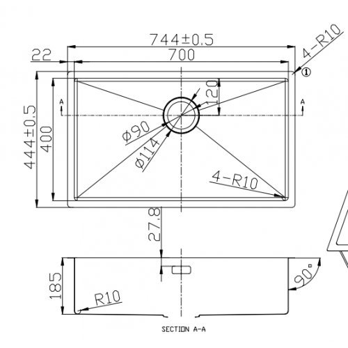 Fregadero de Cocina Mizzo Linea 70-40 | Acero Inoxidable 304 | Mueble de 80 cm | Montaje Bajo o Sobre Encimera o al Ras | Radio 10mm | 1 Seno