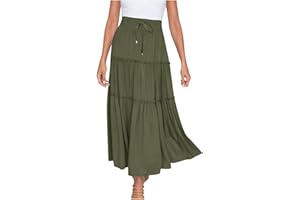 AMHOMELY Boho Maxi Skirts for Women Long Skirts Sale Chic Ladies Solid Casual Ruched Ruffles Elastic Waist Skirts Beach Skirts Clearance UK