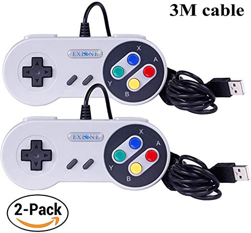 Exlene Usb Controller Gamepads Joystick 10ft / 3m (2pack), Usb Snes Controller Super Snes Classic Controller para PC Windows Ubuntu Raspberry Pi 3 Retropie Sega Genesis (gris)