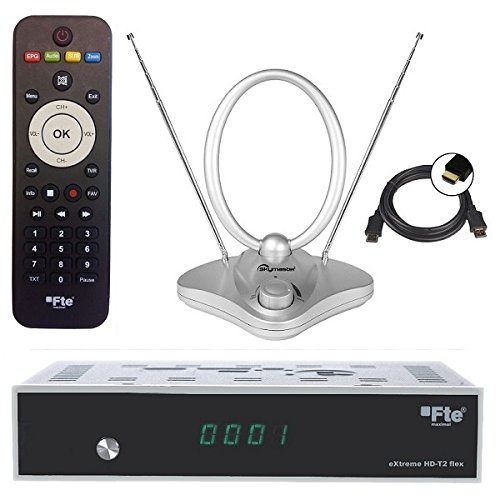 FTE HD-T2 DVB-T2 Receiver + 44 dB ANTENNE Full HD HEVC/ H.265 (HDTV, HDMI, SCART, USB 2.0) + 1,5m HDMI Kabel