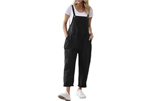 OVARA Ladies Dungarees Casual Baggy Overalls with Pocket Summer Sleeveless Linen Jumpsuits for Women UK Plain Lightweight Button Straps Bib Pants