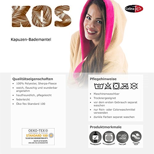 Damen Bademantel mit Kapuze, flauschiger Sherpa-Fleece, kurzer Sauna-mantel für Wellness Spa, CelinaTex, Trend Morgenmantel Serie Kos zweifarbig - 5
