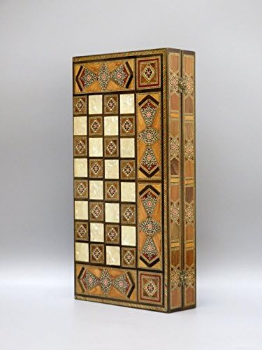 Chessgammon TRAVEL BACKGAMMON SET INCLUDING BOARD AND PIECES HELENA HANDMADE SOLID WALNUT WOOD INLAID MOSAIC INSET MOTHER OF PEARL INSET CHARM A3