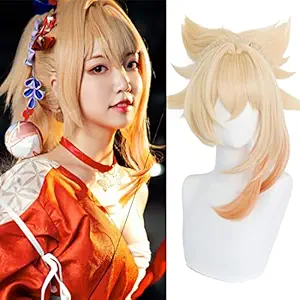 SL Blonde Wig for Yoimiya Cosplay Genshin Anime Orange Fluffy Spiky Hair Wigs with Ponytail Bangs + Cap (Need styling), Middle