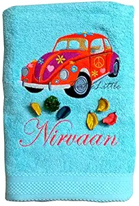 TurtleLittle, Cotton, Red Beetle Car Personalised Kids Bath Towel, 500 GSM (Set of 1, Blue)