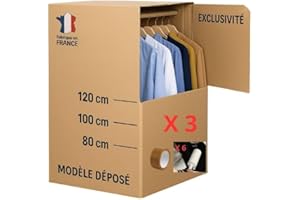 DRESSING MALIN Lot de 3 Cartons Penderie XXL Réglables 80/100/120 cm ; 1 produit <-> 3 tailles, en Carton Recyclé, Capacité 30 kg, avec 6 Brosses Adhésives et Adhésif