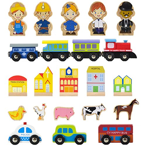 Wooden Railway Train Set - 80 Pieces with Play Accessories