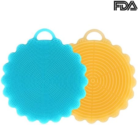2PCS Food-Grade Antibacterial Silicone Dish Scrubber Sponge Towel Scrubber for Dish Washing Cleaning Fruit Vegetable Cleaner/Heat-resistant Mat/Gloves -Blue+Yellow