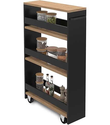 Smalle Opbergtrolley Zwart Eiken 60 x 20 x 82 cm Bewerkt hout