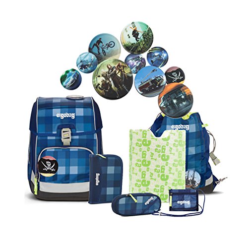 Preisvergleich Produktbild Ergobag - Schulranzen Set 7 tlg. CUBO - KaroalaBär - verschiedene Kletties (Fußball)