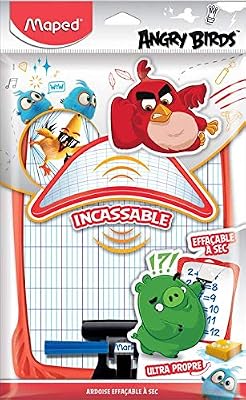 Maped Ardoise Blanche et Quadrillée ANGRY BIRDS Incassable Antichoc en Plastique Souple avec Porte-Accessoire et Feutre Pointe Medium 1, 5mm Bleu Effaçable à Sec
