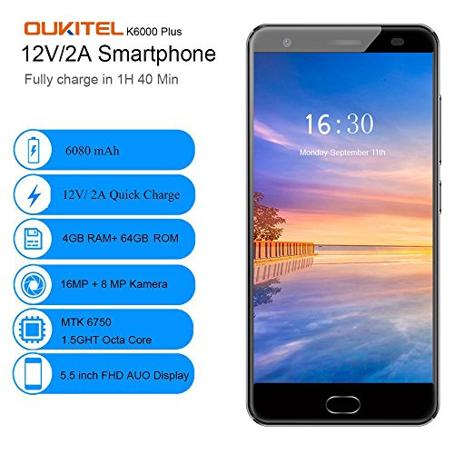 OUKITEL K6000 PLUS 2017 Android 7.0 4G-LTE Dual Sim Smartphone ohne Vertrag (5,5 Zoll FHD Bildschirm, 64GB ROM+ 4GB RAM, MTK6750T Octa Core 1.5GHz, 16MP+8MP Dualkamera, 6080mAh Quick Charge)