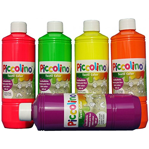 PICCOLINO Stoffmalfarben Textilfarben Set 5 Neon-Farben je 500ml - Neongelb Neonorange Neonpink Neongrün Neonviolett