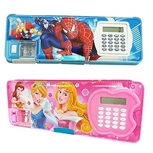 IZU Multipurpose Magnetic Pencil Box with Calculator, (Pack of 2 pc Combo)Dual Sharpener for Girls & Boys for School, Big Size Cartoon Printed Pencil Case for Kids (Spiderman+PREETY Girl)