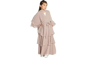 OBEEII Muslim Cardigan for Girls Solid Color Prayer Dress Islamic Dubai Abaya Clothing Kids Casual Ramadan Party Long Sleeve Cardigan Muslim Robe with Hijab