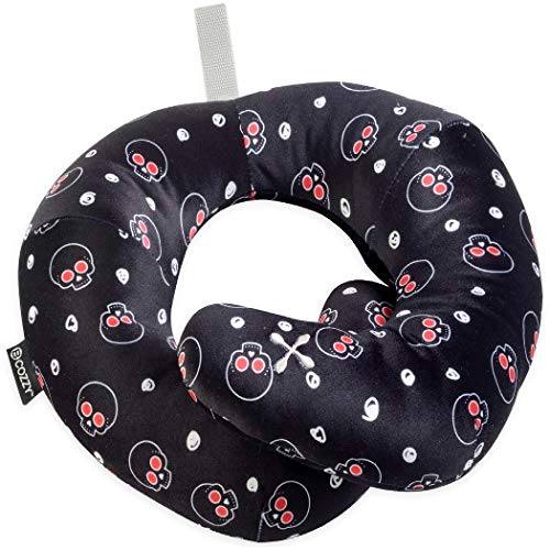 BCOZZY Almohada de Viaje para el Cuello con Soporte para la Barbilla - Apoya la Cabeza, el Cuello y la Barbilla en Cualquier posición sentada. Un Producto Patentado. DISEÑO (Adulto, Cráneos Negros)