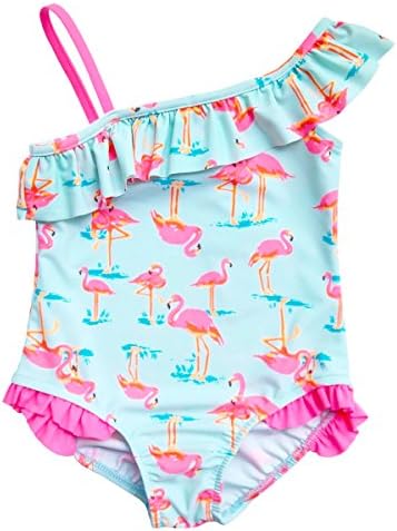 Changhants Baby Girls One piece Swimwear with Pink Flamingos Pattern fit 1-14 Y Kids Swimsuit Children Bathing suit with Frills Shoulder Strap Summer beach wear Vacation Swimming Wear sw0635
