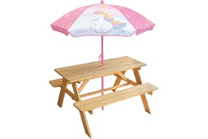 FUN HOUSE Licorne Table Pique-Nique en PIN H.53 X L.95 X P.75 CM avec Parasol H.125 X Ø 100 CM pour Enfant, Blanc/Rose