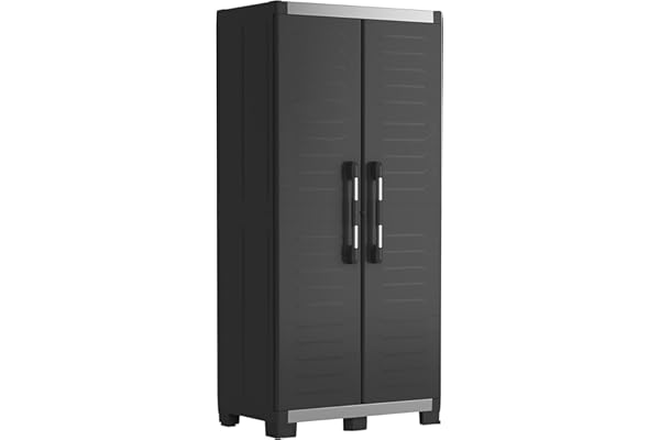 Keter Armoire Haute XL Garage - Armoire en Résine Multifonctions - Étagères et Pieds Ajustables, Poignée Soft Touch - Charnières Metallique - Cuisine, Garage, Atelier - 89 x 54 x 188 cm - Noir