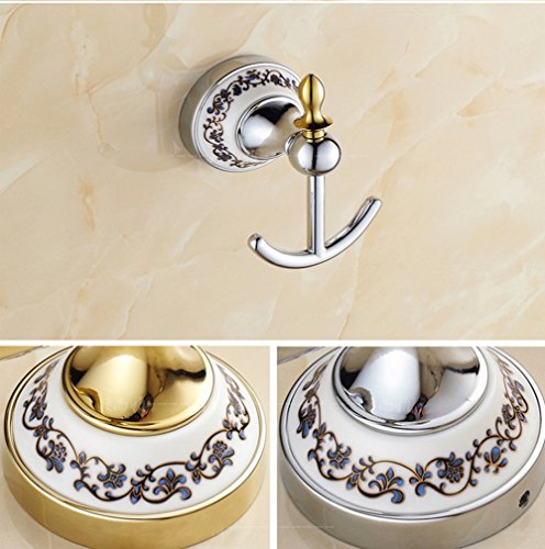 mony Montaggio a Parete in Ottone Anticato Materiale Ganci Doppio Asciugamano Ganci Accessori Bagno Blu e Bianco Porcellana, Silver, No