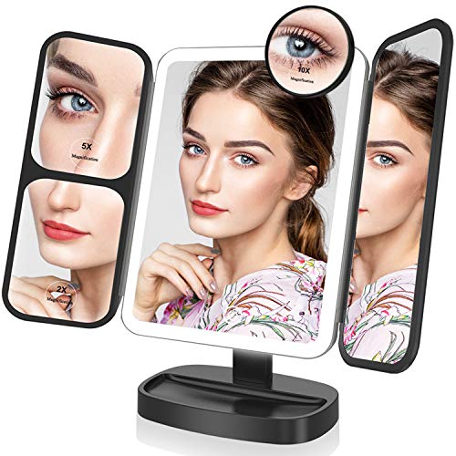 Easehold Light Up Mirror 2X/5X/10X Magnifying Makeup Mirror with Light Ultra-thin Adjustable Soft Bright Lighting LED Lighted Tri-fold Mirror [Upgraded Version]