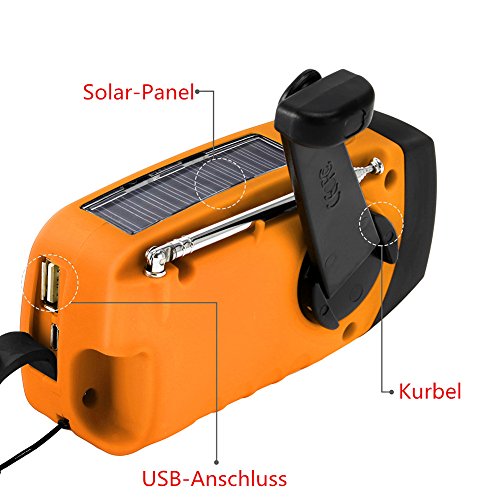IntiPal FM Solar Radio Solarradio mit Kurbel Kurbeldynamo LED Taschenlampe Notfall Ernstfall USB Handy Ladegerät Camping Outdoor (Gelb) - 3