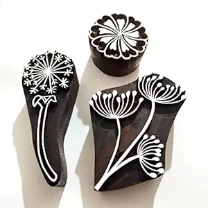 D L Craft Wooden Printing Blocks 3 Piece Set Leaf Design Stamps Hand Carving Block use for Printing Kurti, Dupatta, Saree & Design [ Size - 2 inch, 4 inch Mix ] on Dark Brown Wood