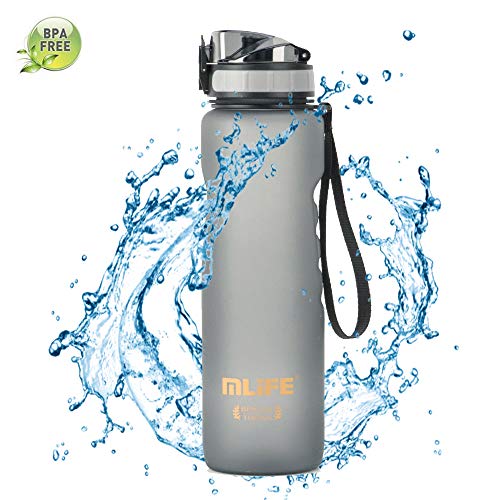 Botella de Agua Deporte 1 Litro, Sin BPA Tritan Plastico Reutilizables a Prueba de Fugas Botellas Potable con Filtro para Colegio,Yoga, Senderismo, Viajes, Oficina - Gris