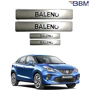 BBM Stainless Steel Foot Steps Car Door Chrome Silver Sill Scuff Plates with Adhesive Tape (Set of 04 pcs) for Maruti Nexa Baleno