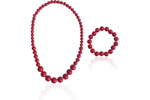 CYNOSURETECH Pearl Necklace and Bracelet Set, Acrylic Costume Jewelry Accessories (Red)