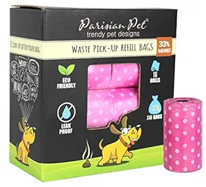 Parisian Pet Dog Poop Bags for Dogs ? Refills Rolls of Doggie Bags for Poop ? Unscented Dog Poop Bag ? Eco-Friendly Pickup Pet Waste Bags, 16 Rolls, Pink Polka Dot