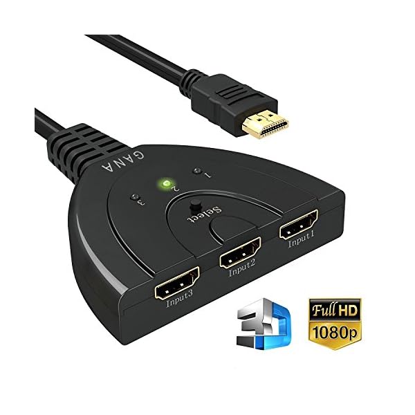 HDMI Switch, GANA 3 Puertos HDMI Switcher | HDMI Splitter Soportes Full HD 1080p 3D HDMI Conmutador Adaptador para HDTV/Xbox/PS3/PS4/Apple TV/Fire Stick/BLU-Ray DVD-Player(3 IN 1 out)