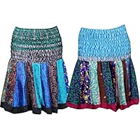 Mogul Interior 2 pc Women's Short Skirt Colourful Printed Sari Flowy Flare Mini Skirts S/M Green,Blue