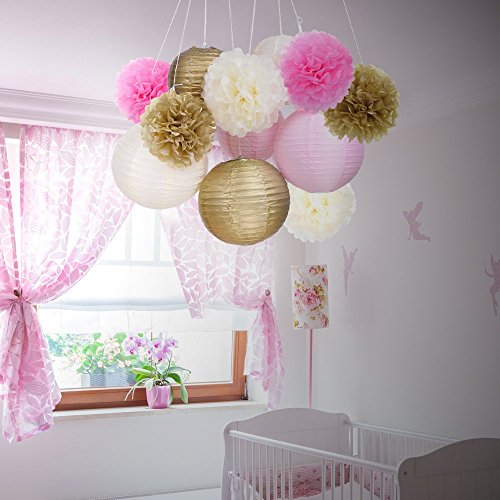 16 Stk Party Deko Set Papier Pompoms Laterne und Girlande (Hellbeige + Rosa + Gold) Rund Lampions Dekoration Pompons für Hochzeit Geburtstag Taufe Weihnachten - 3