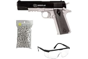 2EAGLE Pack Airsoft Pistolet modèle Colt 1911 Bicolore à Ressort(ref.180131)/matière: Plastique Haute résistance et Culasse métal/Puissance 0.5 Joule/livré avec Accessoires Noir et argenté 220 mm