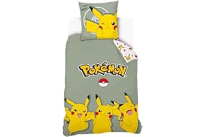 SAHINLER CRÉATEUR D'UNIVERS Housse De Couette Pikachu Pokémon 140x200 cm + 1 Taie d'oreiller 63x63 cm - 100% Coton - Vert Sauge