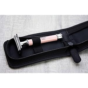 2 Piece Men's Shaving De Safety Razor in Pink. Perfect for Deep Clean Shave. Comes in a Leather Zipper Pouch/Bag to Keep… - Image 3