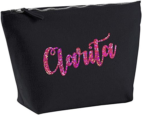 Clarita Personalised Name Cotton Canvas Black Make Up with a Holographic Pink Print Accessory Bag Wash Bag Size 14x20cm. The perfect personalised Gift for All occasion, Christmas, Birthdays,