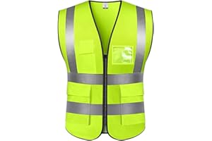 CHUER Gilet di Sicurezza Anteriore con Cerniera ad Alta Visibilità, Tasche Multiple, Gilet Riflettente, Abbigliamento da Lavoro Stradale XL, Fluorescente Gilet