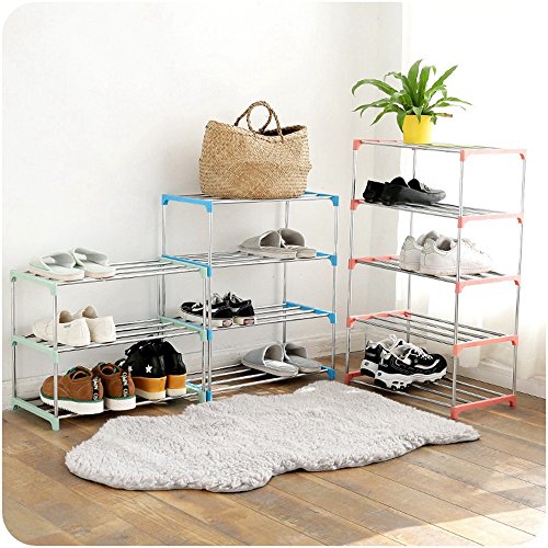MinegRong Shoe rack Stainless steel rack Simple assembly shoe rack Multi-layer shoe storage rack home,Four floors, Nordic Green