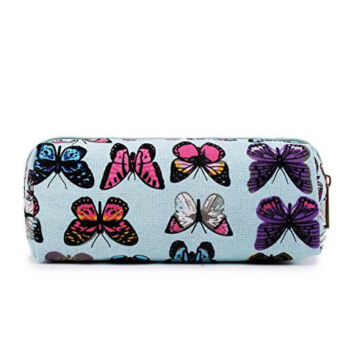 Miss LuLu Women Girls Canvas Students Pen Pencil Case zipper Bags Cosmetic Travel Makeup Bags Pouch Box (Butterfly Blue)