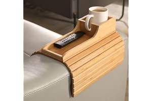 Kotona UK Foldable Bamboo Sofa Arm Tray with Cup Holder & Pocket, Armrest Table for Couches & Chairs, Sofa Side Caddy for Drinks, Remotes, Magazines, No Assembly, Natural Wood