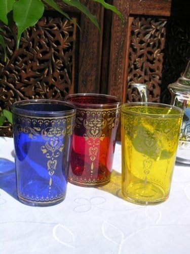 Authentic Moroccan Tea Glasses Set of Six in Blue, Yellow and Red Pattern