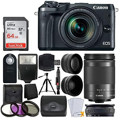Canon EOS M6 Mirrorless Digital Camera + EF-M 18-150mm f/3.5-6.3 is STM Lens (Graphite) + Wide Angle & Telephoto Lens + 64GB Memory Card + Slave Flash + Wireless Remote + Quality Tripod + Accessories