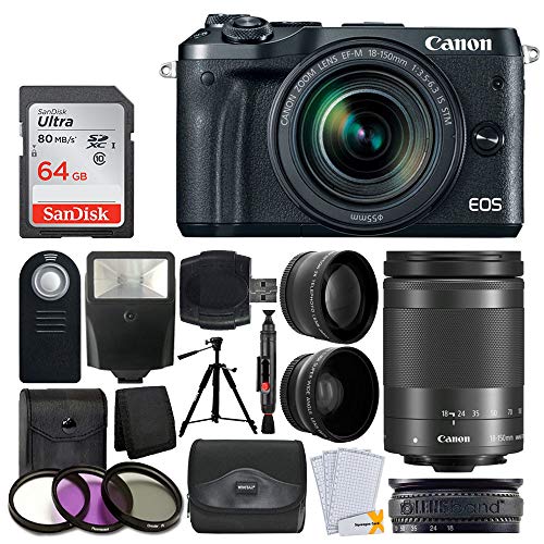 Canon EOS M6 Mirrorless Digital Camera + EF-M 18-150mm f/3.5-6.3 is STM Lens (Graphite) + Wide Angle & Telephoto Lens + 64GB Memory Card + Slave Flash + Wireless Remote + Quality Tripod + Accessories